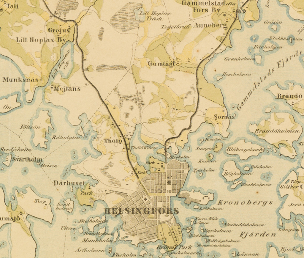 Rajaus kartasta vuodelta 1845. Vuoden 1845 kartalla Töölönjärveä ei enää näy. Järven paikkeilla on vihreällä kuvattua niittyä. Alueelta kulkee lasku-uoma Alppipuiston paikkeilla olevan soisen alueen läpi Töölönlahden pohjoispäähän. Karttaan on kuvattuna keltaisella pellot, vihreällä niityt ja tummalla vaakahapsulla suot. 
